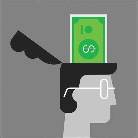 Illustration of money rising from cartoon head
