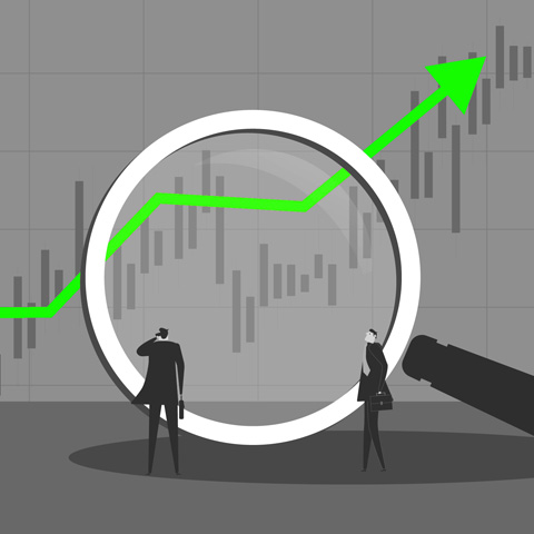 Illustration of figures viewing stock growth through a magnifying glass
