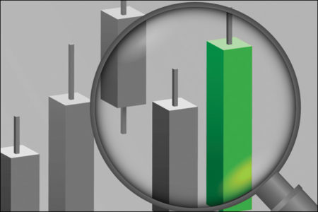 Illustration of magnifying glass over stock chart