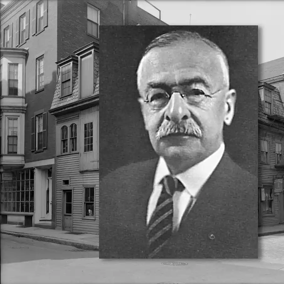 Portrait of William A. Paine overlaid with historic Boston streetscape imagery