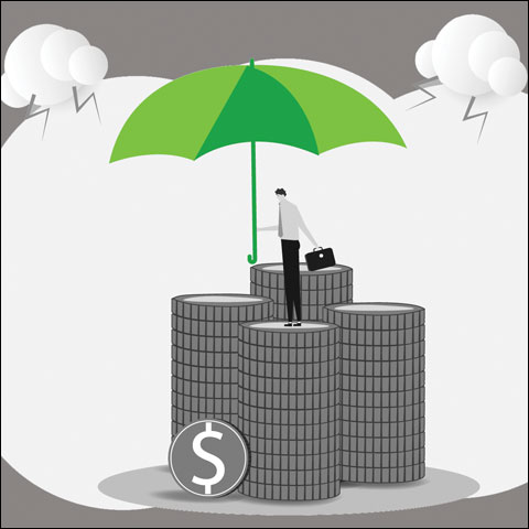 Graphic of man under an umbrella on a stack of money