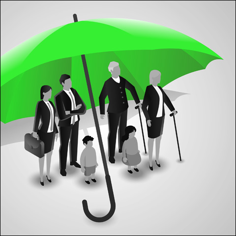Illustration of family sheltered by umbrella