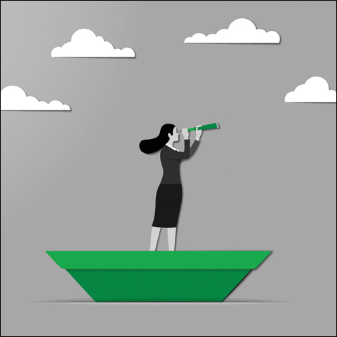 Illustration of woman in a boat looking through a telescope