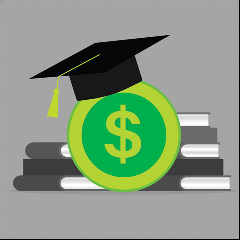 Illustration of mortarboard, books and money