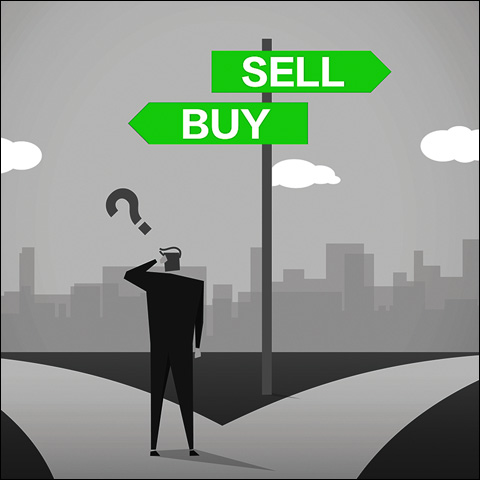 illustration of man at crossroads to buy or sell